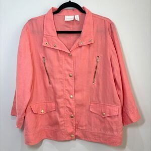 Chicos Coral Pink 100% Linen Jacket Blazer L/12 Gold Hardware Lightweight Beachy